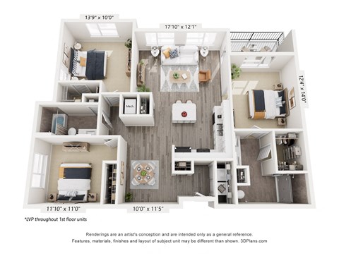 Floor plan for 3 beds, 2 baths, 1421 sqft